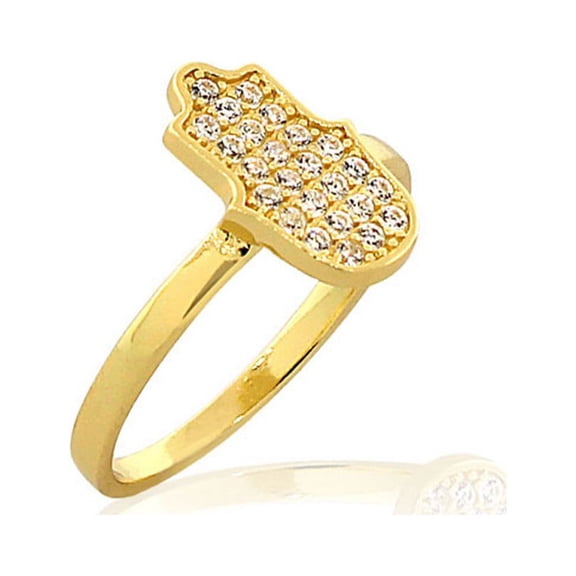 925 Sterling Silver Yellow Gold-Tone White CZ Hamsa Hand Good Luck Ring Band - Size 6