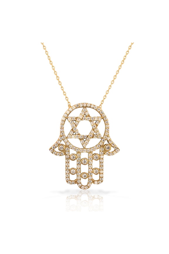925 Sterling Silver Yellow Gold-Tone White CZ Hamsa Star of David Necklace