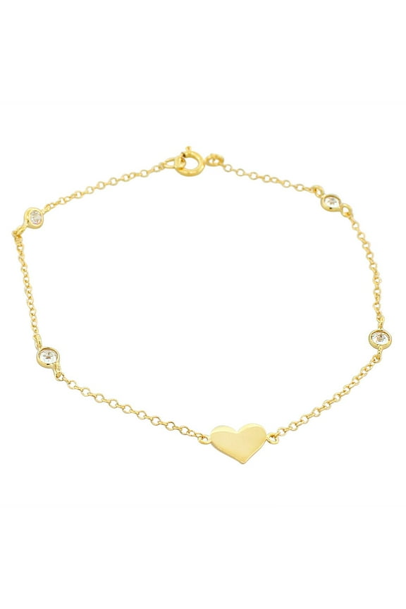 925 Sterling Silver Yellow Gold-Tone White CZ Love Heart Womens Girls Link Chain Bracelet