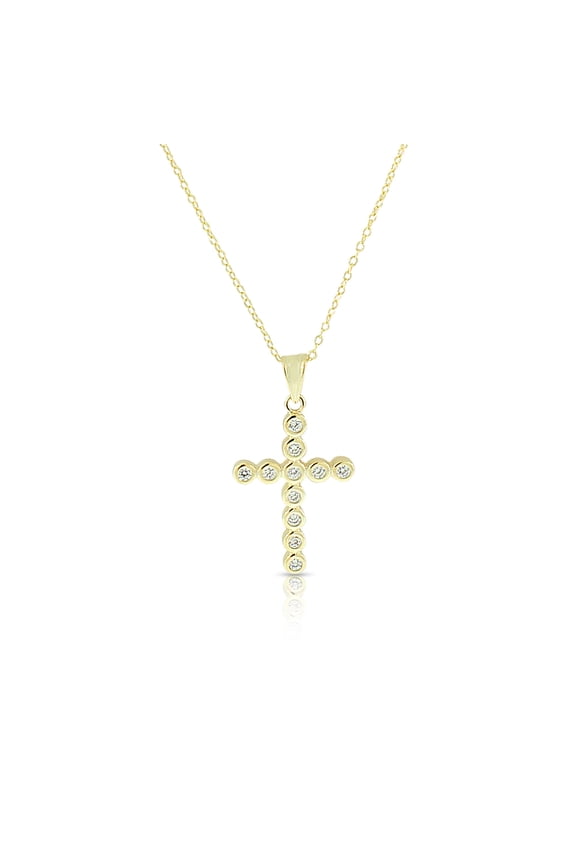 925 Sterling Silver Yellow Gold-Tone White Clear Bezel-Set CZ Religious Cross Pendant Necklace, 18"