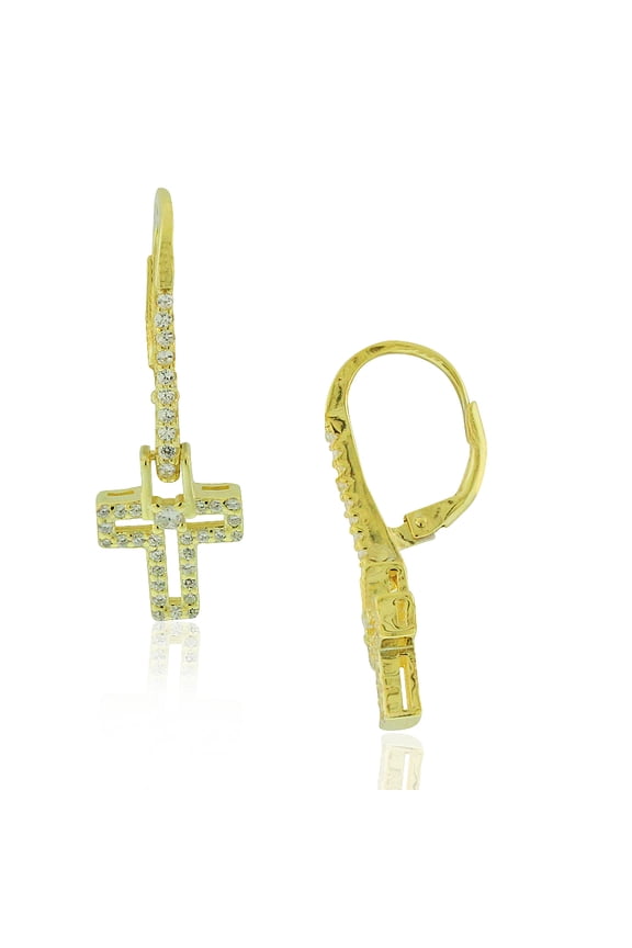 925 Sterling Silver Yellow Gold-Tone White Clear CZ Religious Cross Drop Dangle Earrings, 1.15"