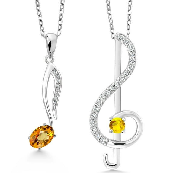 925 Sterling Silver Yellow Sapphire Treble Clef and Eighth Note 2 Pcs Music Pendant Necklace Jewelry Set for Women By Keren Hanan (1.10 Cttw, September Birthstone, Oval 6X4MM, Round 3MM)