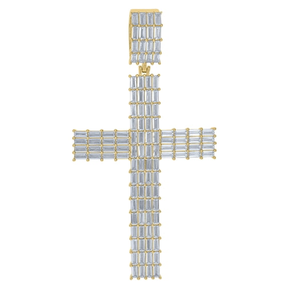 925 Sterling Silver Yellow-Tone Mens Baguette Cubic-Zirconia Cross Religious Charm Pendant