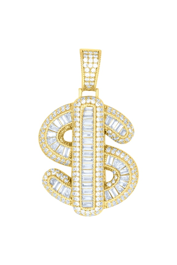 925 Sterling Silver Yellow-Tone Mens Baguette Cubic-Zirconia Dollar Symbol Symbols Charm Pendant