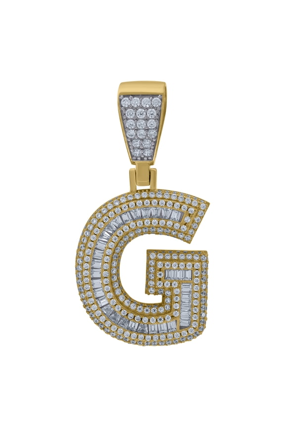 925 Sterling Silver Yellow-Tone Mens Baguette Cubic-Zirconia G Alphabet Initials Charm Pendant