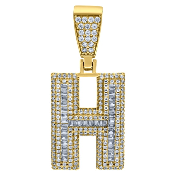 925 Sterling Silver Yellow-Tone Mens Baguette Cubic-Zirconia H Alphabet Initials Charm Pendant