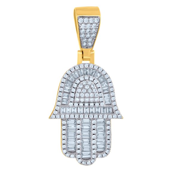 925 Sterling Silver Yellow-Tone Mens Baguette Cubic-Zirconia Humsa Symbol Religious Charm Pendant