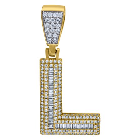 925 Sterling Silver Yellow-Tone Mens Baguette Cubic-Zirconia L Alphabet Initials Charm Pendant