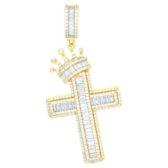 925 Sterling Silver Yellow-Tone Mens Baguette Round Cubic-Zirconia Crown Cross Religious Charm Pendant