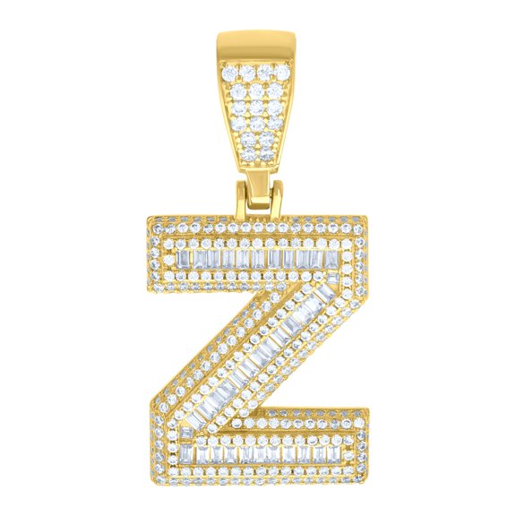925 Sterling Silver Yellow-Tone Mens Baguette Round Cubic-Zirconia Z Alphabet Initials Charm Pendant
