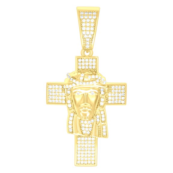 925 Sterling Silver Yellow-Tone Mens CZ Jesus Cross Religious Charm Pendant