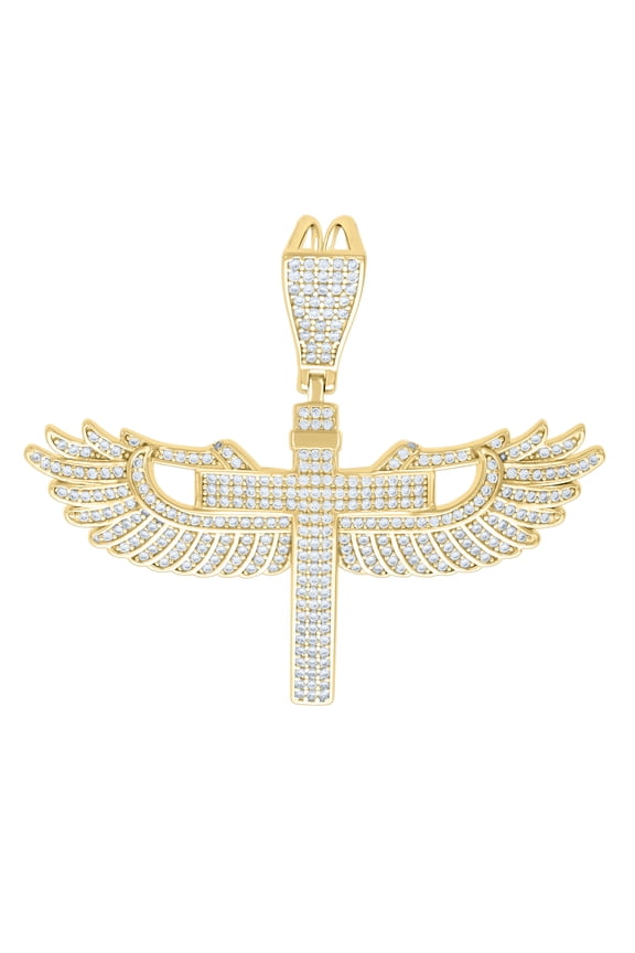 925 Sterling Silver Yellow-Tone Mens Cubic-Zirconia Angel Wings Cross Religious Pendant