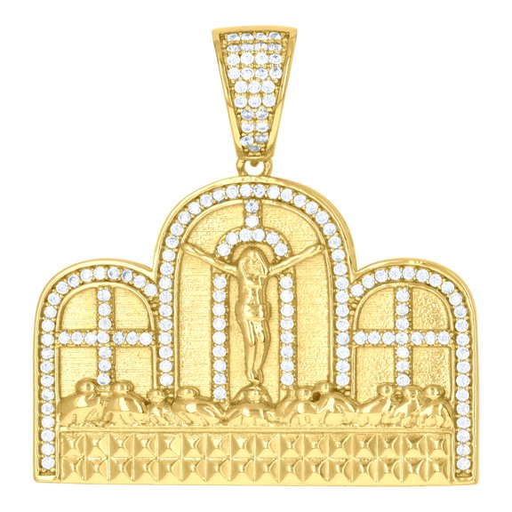 925 Sterling Silver Yellow-Tone Mens Cubic-Zirconia Crucifix Last Supper Religious Charm Pendant