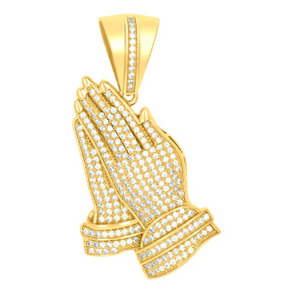 925 Sterling Silver Yellow-Tone Mens Cubic-Zirconia Praying Hands Symbol Religious Charm Pendant