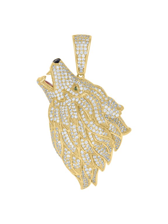 925 Sterling Silver Yellow-Tone Mens Green Cubic-Zirconia Wolf Animal Wildlife Charm Pendant