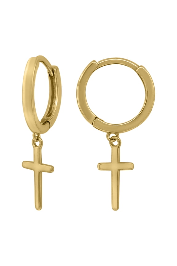 925 Sterling Silver Yellow-Tone Unisex Cross Religious Dangle Hoop Earrings