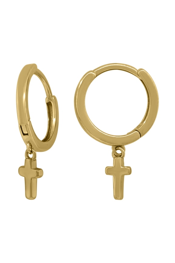 925 Sterling Silver Yellow-Tone Unisex Cross Religious Dangle Hoop Earrings