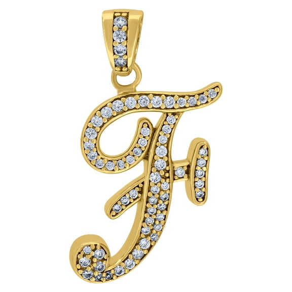 925 Sterling Silver Yellow-tone Unisex Cubic-zirconia Initial Alphabet F Charm Pendant for Men Women