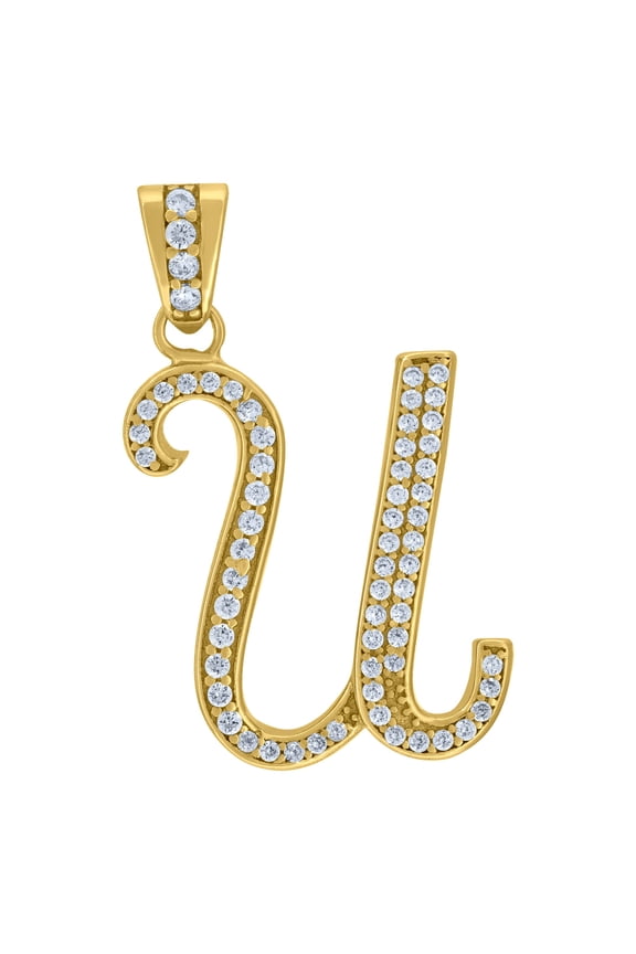 925 Sterling Silver Yellow-tone Unisex Cubic-zirconia Initial Alphabet U Charm Pendant for Men Women