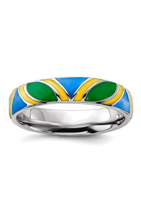 925 Sterling Silver Yellow enamel Stackable Polished Multi Color Enameled Ring Size 10 Stackable Ring for Women