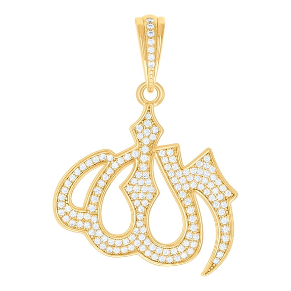 925 Sterling Silver Yellow-tone Cubic Zirconia Mens Islamic Allah Religious Pendant Charm 33x27.6mm Wide Necklace for Me