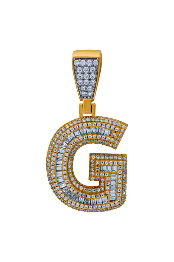 925 Sterling Silver Yellow-tone Mens Baguette Cubic Zirconia G Alphabet Letter Name Personalized Monogram Initials Charm