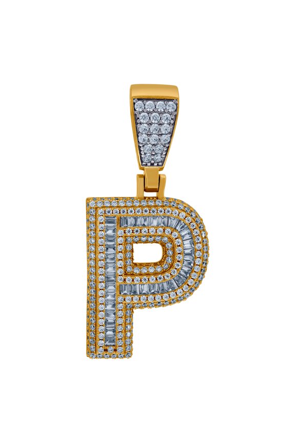 925 Sterling Silver Yellow-tone Mens Baguette Cubic Zirconia P Alphabet Letter Name Personalized Monogram Initials Charm