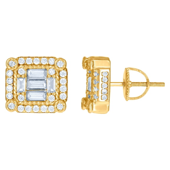 925 Sterling Silver Yellow-tone Mens Baguette Cubic Zirconia Square Fashion Stud Earrings 10.4x11.4mm Wide Earring for M