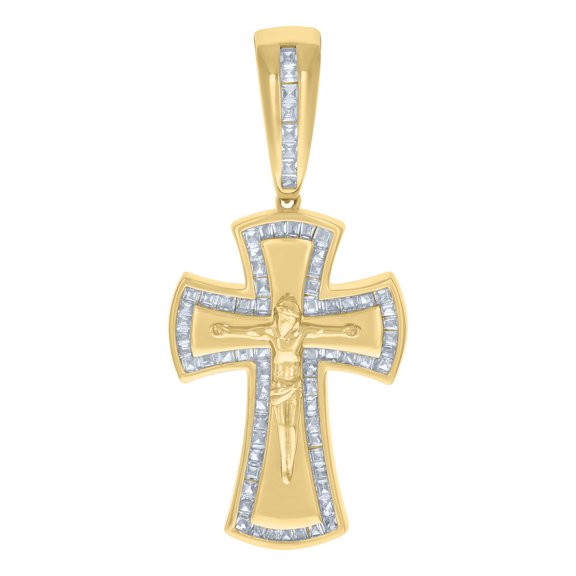 925 Sterling Silver Yellow-tone Mens Baguette Cubic-Zirconia Crucifix Cross Religious Charm Pendant