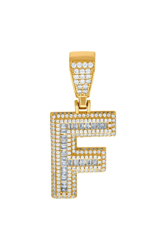925 Sterling Silver Yellow-tone Mens Baguette Round Cubic Zirconia F Alphabet Letter Name Personalized Monogram Initials