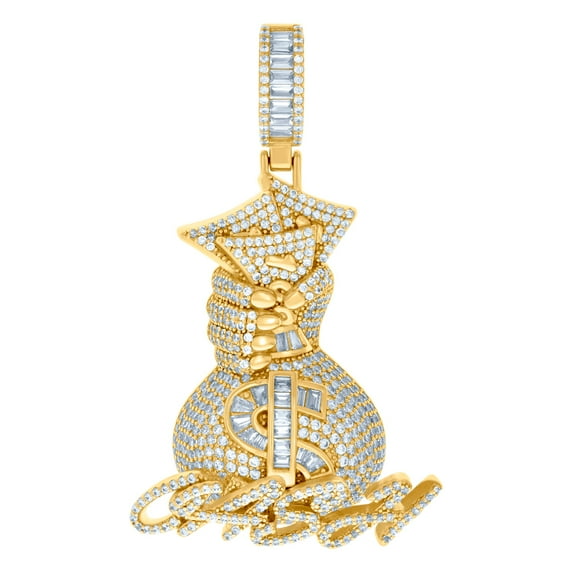 925 Sterling Silver Yellow-tone Mens Baguette Round Cubic Zirconia Money Bag Currency Charm Pendant 56.9x33.5mm Wide Nec