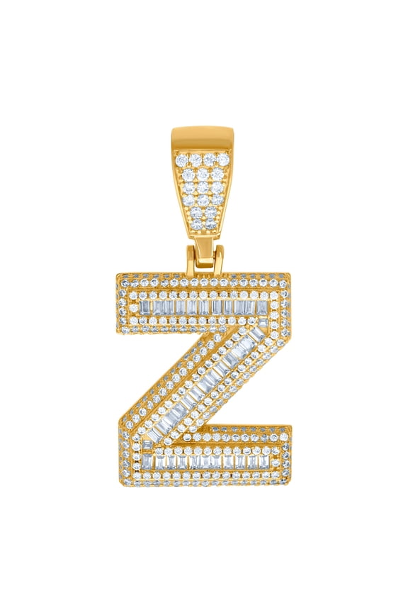 925 Sterling Silver Yellow-tone Mens Baguette Round Cubic Zirconia Z Alphabet Letter Name Personalized Monogram Initials