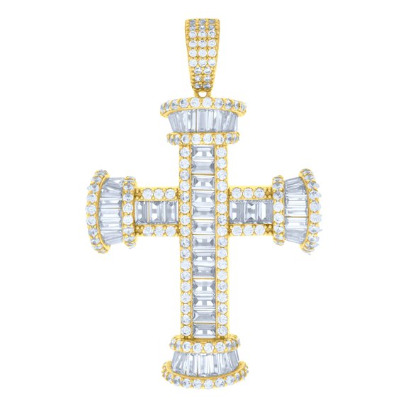 925 Sterling Silver Yellow-tone Mens Baguette Round Cubic-Zirconia Cross Religious Charm Pendant
