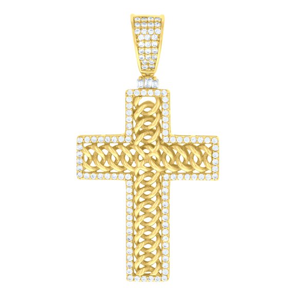 925 Sterling Silver Yellow-tone Mens Baguette Round Cubic-Zirconia Cross Religious Charm Pendant