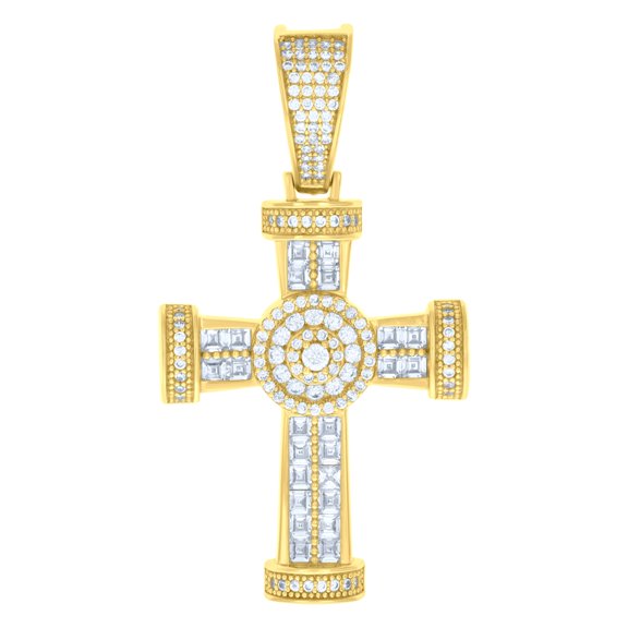 925 Sterling Silver Yellow-tone Mens Baguette Round Cubic-Zirconia Cross Religious Charm Pendant