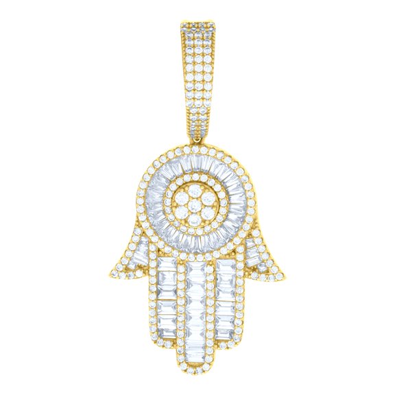 925 Sterling Silver Yellow-tone Mens Baguette Round Cubic-Zirconia Hamsa Religious Charm Pendant