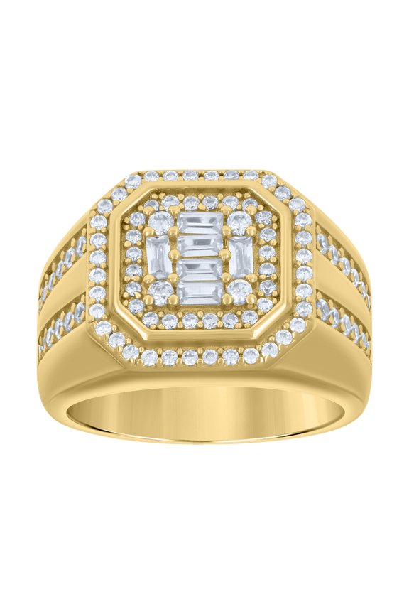925 Sterling Silver Yellow-tone Mens Baguette Round Cubic-Zirconia Octagon Head Fashion Ring Size 9