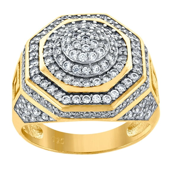 925 Sterling Silver Yellow-tone Mens Cubic Zirconia Cluster Size 10 Hexagon Head Fashion Ring Band Wedding Band for Men