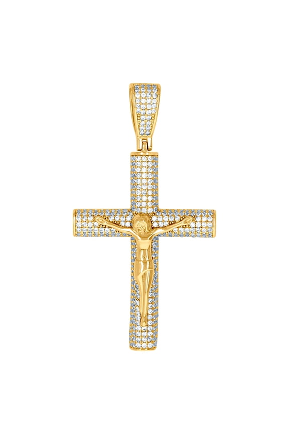 925 Sterling Silver Yellow-tone Mens Cubic Zirconia Crucifix Cross Religious Charm Pendant 58.1x30.7mm Wide Necklace for
