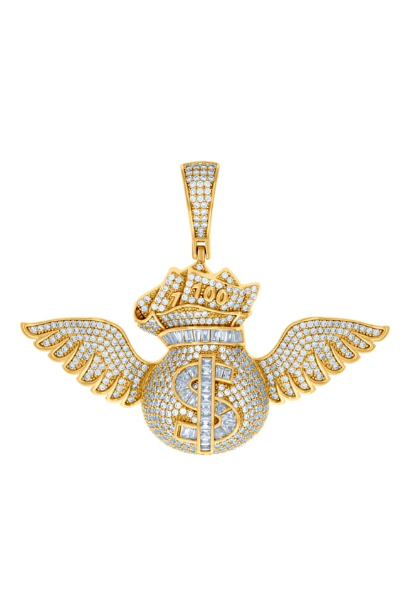 925 Sterling Silver Yellow-tone Mens Cubic Zirconia Flying Money Bag Currency Fashion Pendant 53.4x68.2mm Wide Necklace