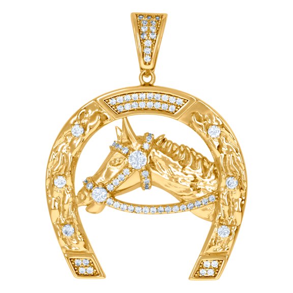 925 Sterling Silver Yellow-tone Mens Cubic Zirconia Horseshoe Good Luck Charm Pendant 43.8x33.1mm Wide Necklace for Men