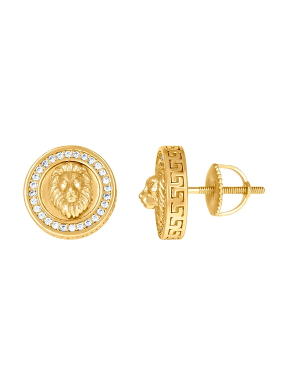 925 Sterling Silver Yellow-tone Mens Cubic Zirconia Lion Head Fashion Stud Earrings 12.3x12.3mm Wide Earring for Men