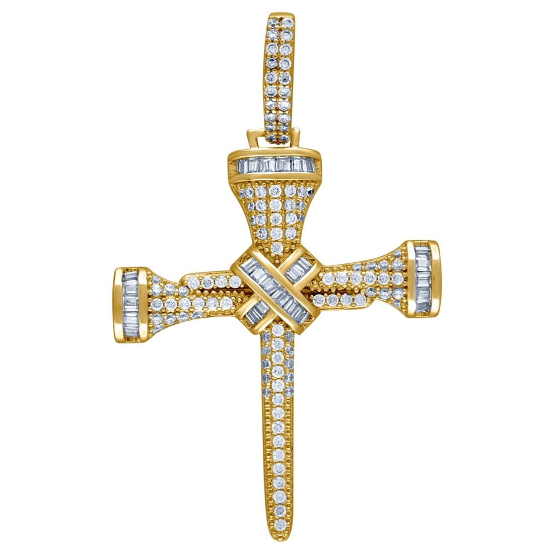925 Sterling Silver Yellow-tone Mens Cubic Zirconia Nail Cross Religious Charm Pendant Necklace for Men