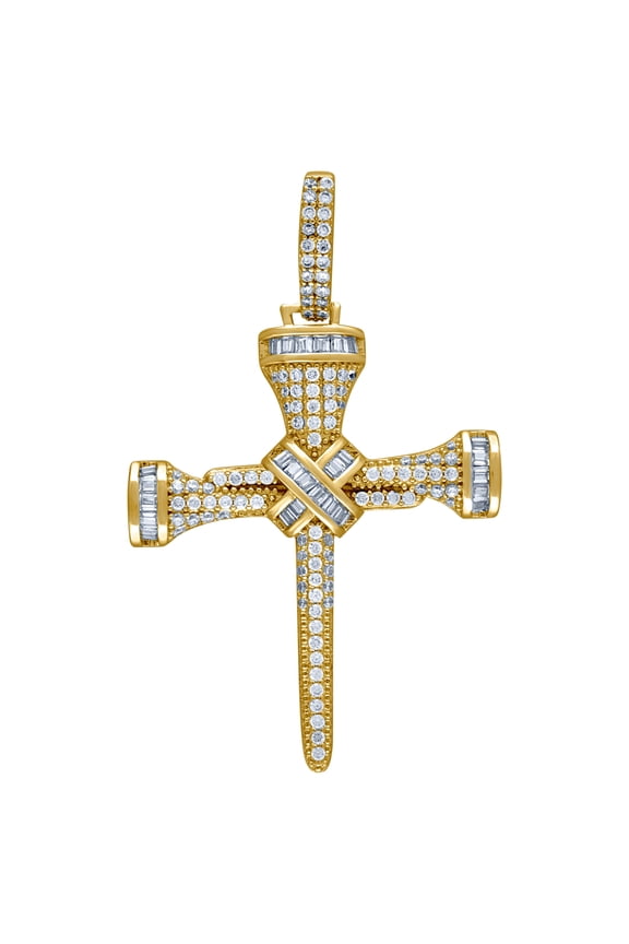 925 Sterling Silver Yellow-tone Mens Cubic Zirconia Nail Cross Religious Charm Pendant Necklace for Men