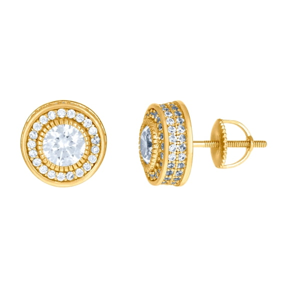 925 Sterling Silver Yellow-tone Mens Cubic Zirconia Round Fashion Stud Earrings 10.4x10.4mm Wide Earring for Men