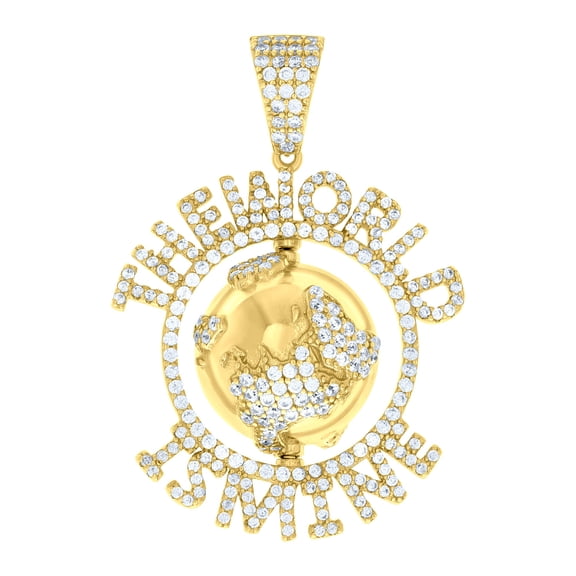 925 Sterling Silver Yellow-tone Mens Cubic-Zirconia The World Is Mine World Map Charm Pendant