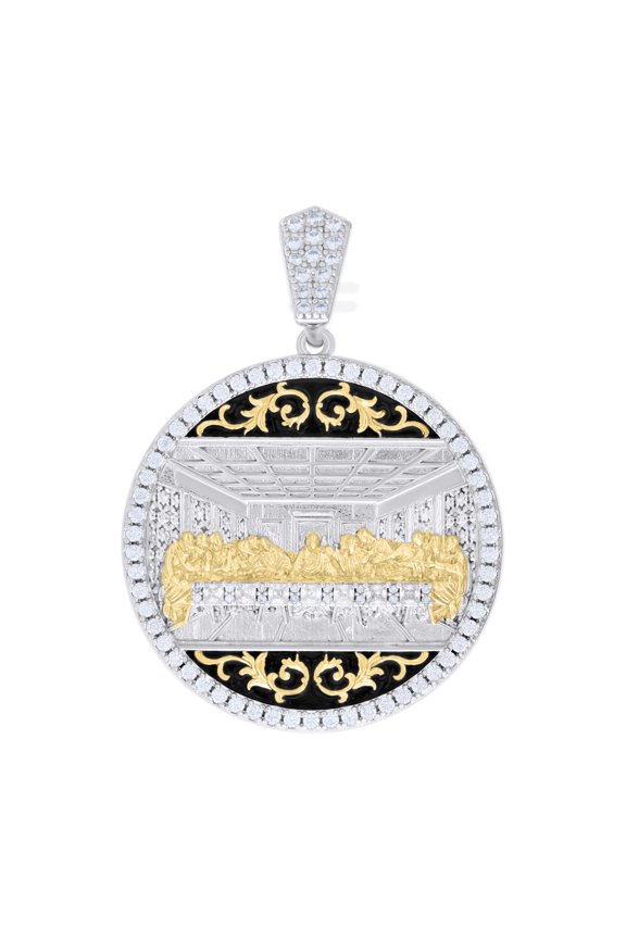 925 Sterling Silver Yellow-tone Mens Princess-Cut Round Cubic-Zirconia Last Supper Religious Charm Pendant