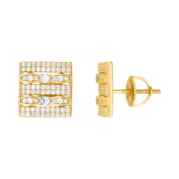 925 Sterling Silver Yellow-tone Mens Princess-cut Cubic Zirconia Square Fashion Stud Earrings 12.4x11.9mm Wide Earring f