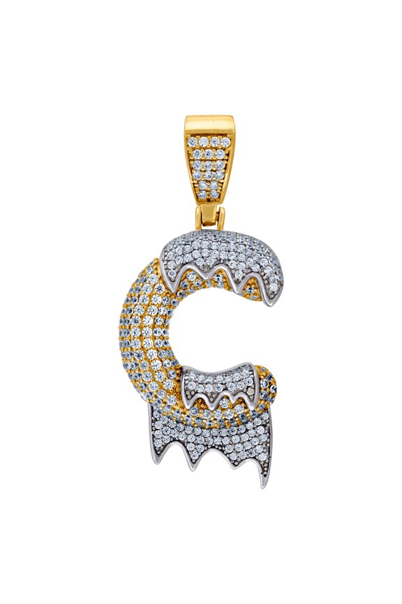 925 Sterling Silver Yellow-tone Mens Women CZ Dripping Letter Name Personalized Monogram Initial C Charm Pendant 46.5x19
