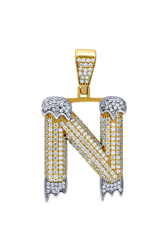 925 Sterling Silver Yellow-tone Mens Women CZ Dripping Letter Name Personalized Monogram Initial N Charm Pendant 44.7x24
